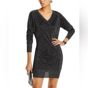 Aqua Metallic V-Neck Sweater mini Dress, Size L, Color Black/Silver